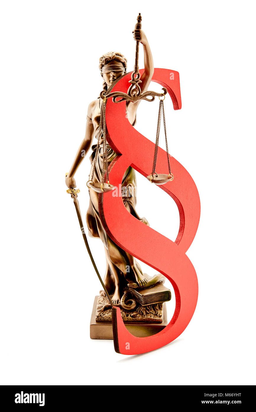 Blinde Justitia mit Waage und einem roten Absatz als recht Konzept Stockfoto