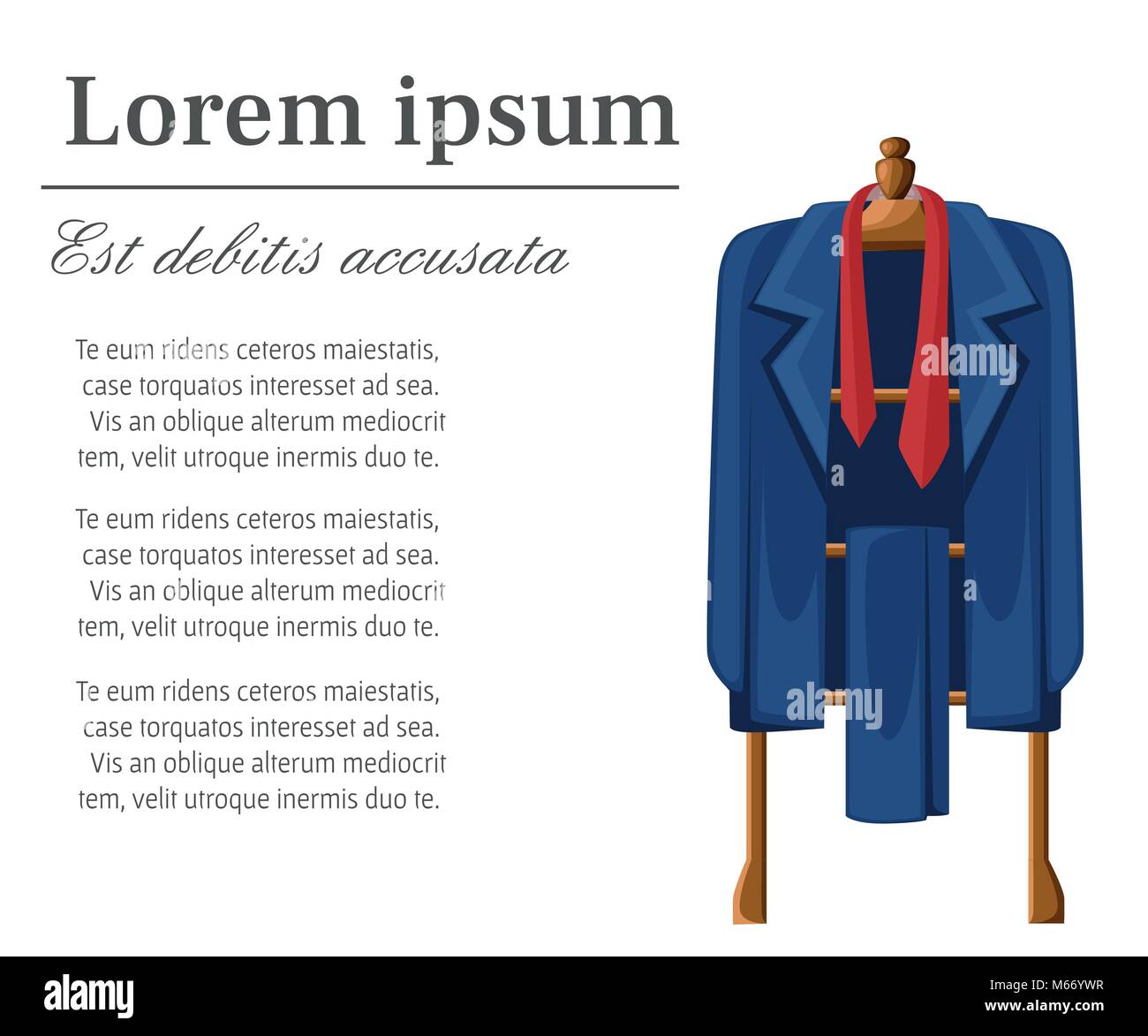 Man blauen Anzug mit roter Krawatte auf hölzernen Kleiderbügel Vector Illustration mit Platz für Ihren Text isoliert auf weißem Hintergrund Stock Vektor