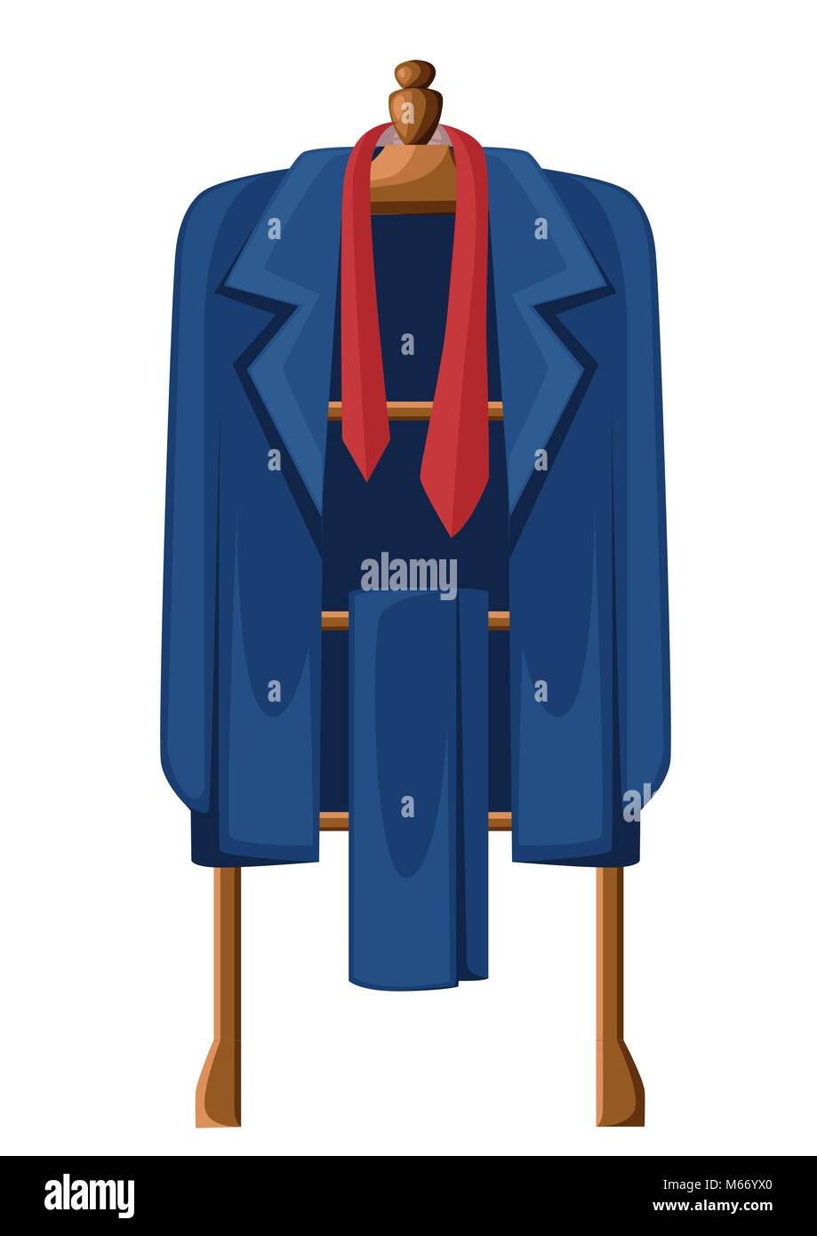 Man blauen Anzug mit roter Krawatte auf hölzernen Kleiderbügel Vector Illustration auf weißem Hintergrund Stock Vektor