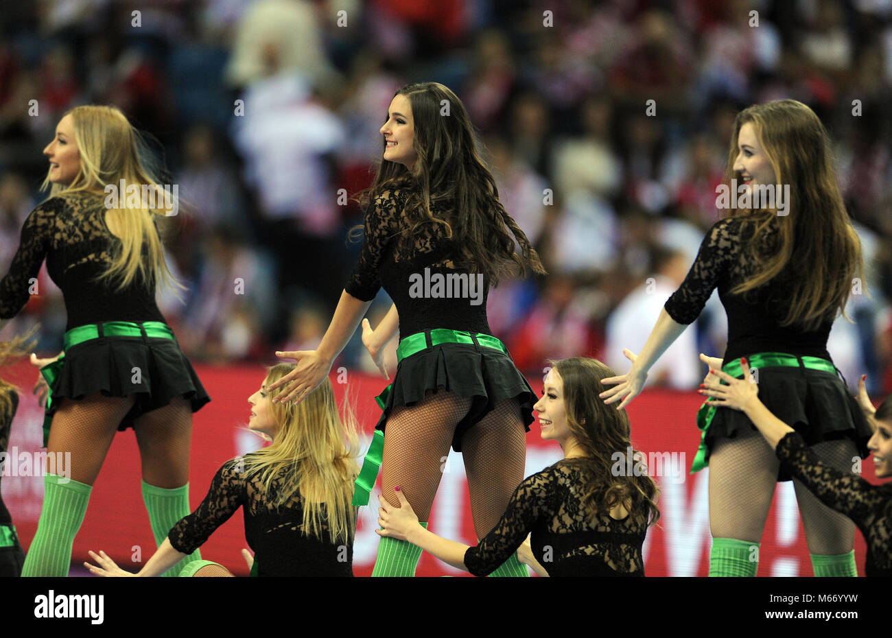 CRACOV, Polen - Januar 23, 2016: Männer EHF European Handball Federation EURO 2016 Krakau Tauron Arena Frankreich - Kroatien o/p: Cheerleaders Stockfoto