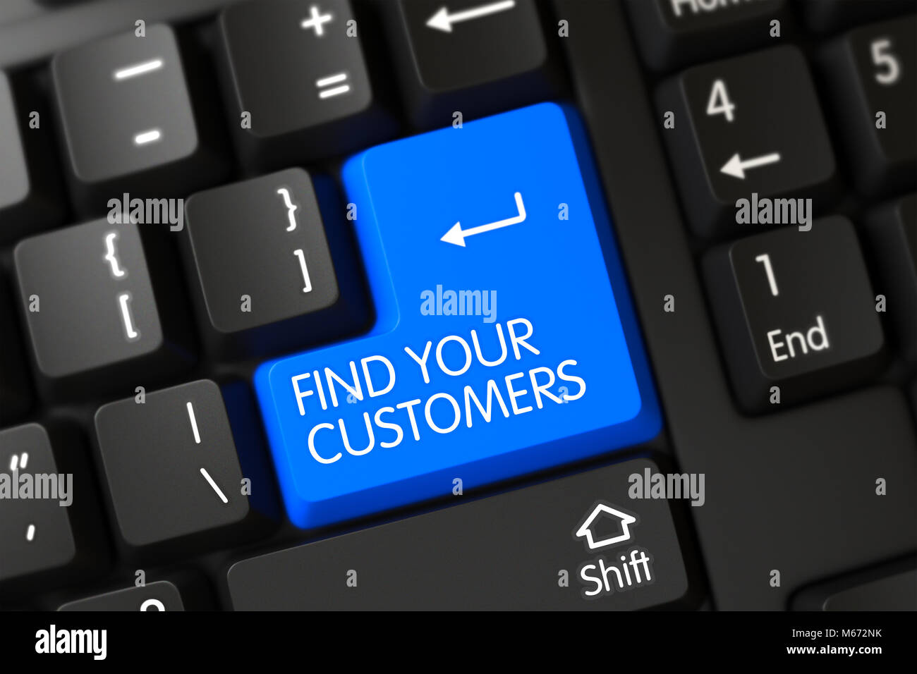 Tastatur mit blauer Schlüssel - Finden Sie Ihre Kunden. 3d Stockfoto