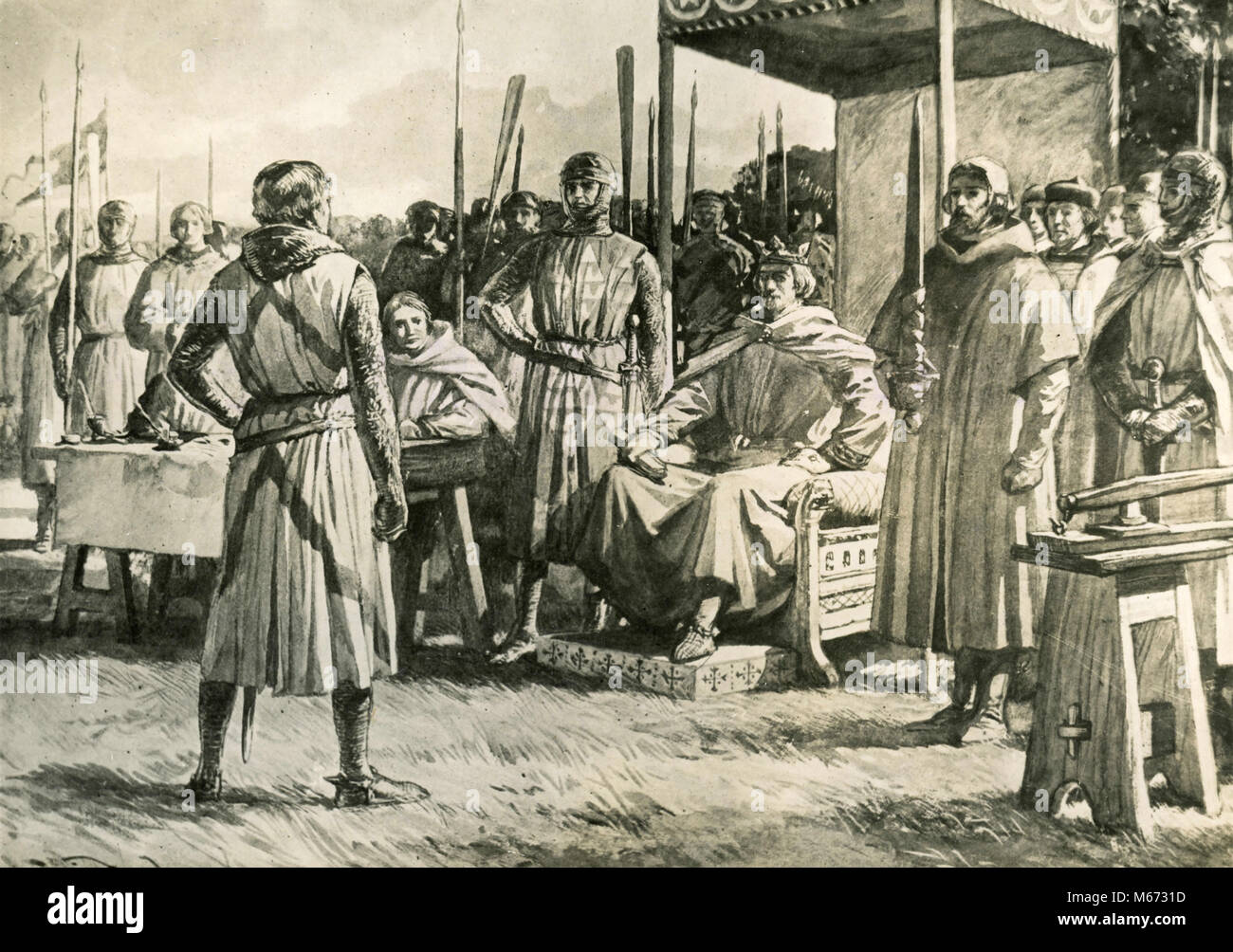 King John setzt seine Dichtung auf Magna Carta, Runnymede, Großbritannien Stockfoto