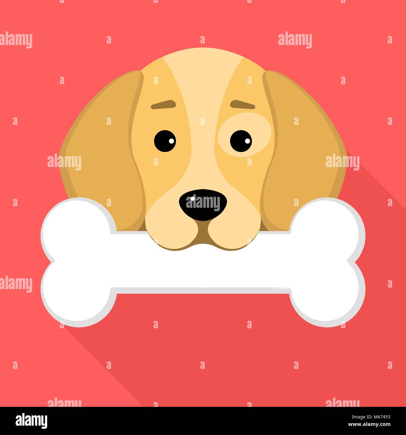 Ein beagle Hund hält einen Knochen in seinem Mund auf rotem Hintergrund. Ein Ort für Ihre Projekte. Ein süßes Tier. Cartoon Stil. Vector Illustration in einer Fl Stock Vektor