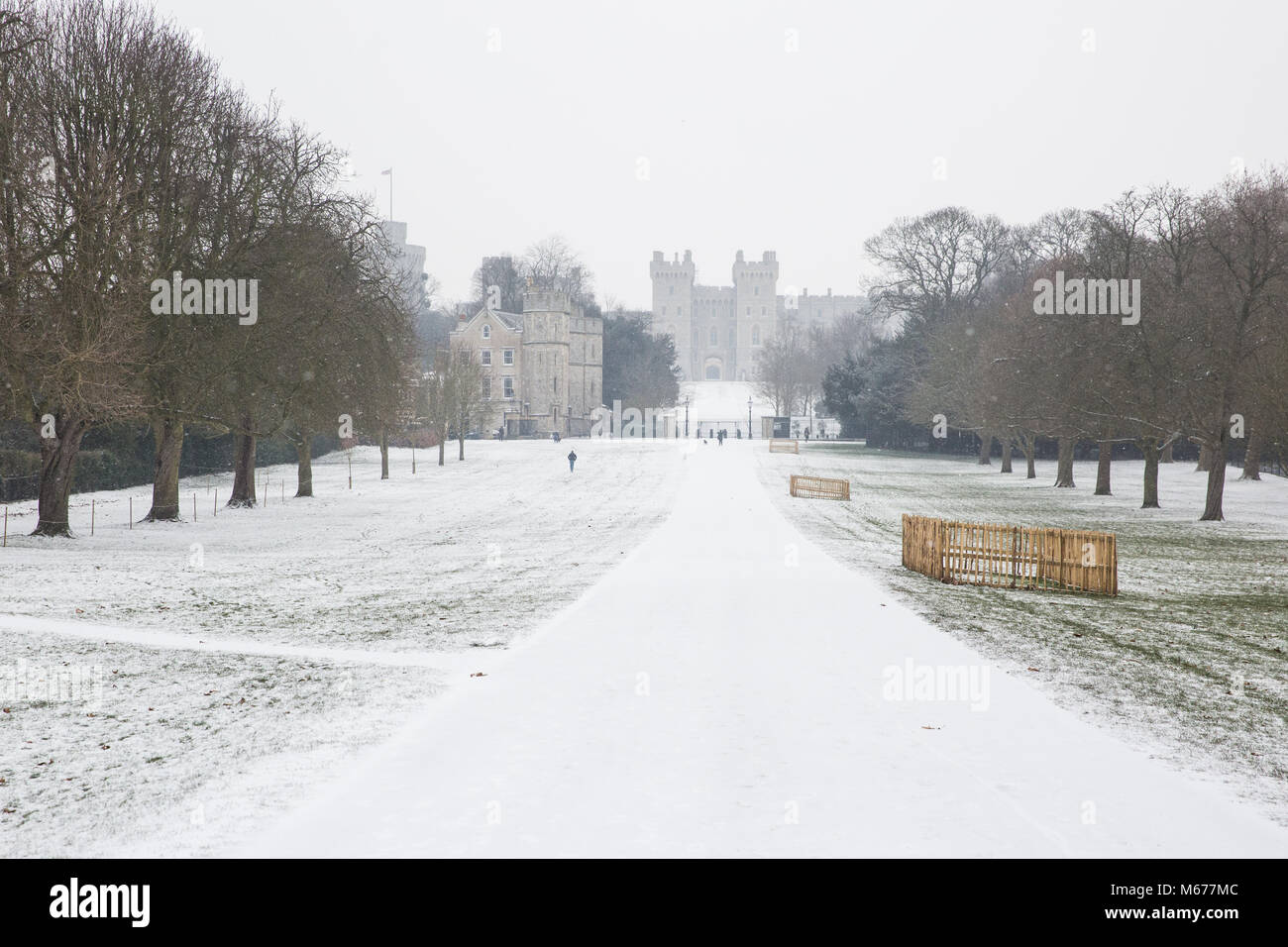 Windsor, Großbritannien. 1. März, 2018. UK Wetter: Schnee liegt auf dem Boden, auf dem langen Spaziergang vor Schloss Windsor in Windsor Great Park. Lokale Bewohner erwachte zu einer nächtlichen Schneefall in Windsor, Berkshire, und wurden gewarnt mehr Schnee vom Mittag zu erwarten. Credit: Mark Kerrison/Alamy leben Nachrichten Stockfoto