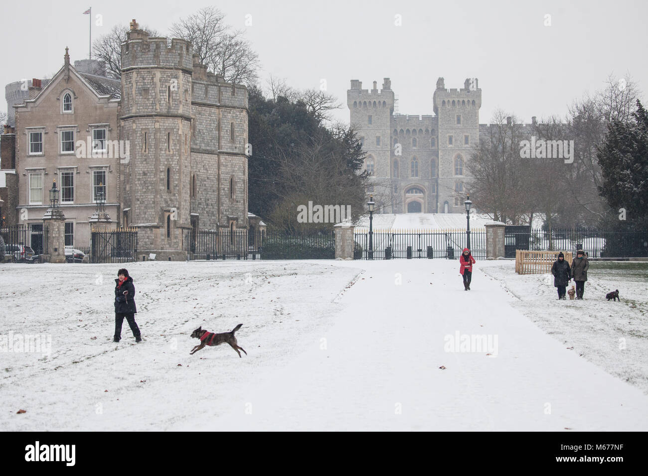 Windsor, Großbritannien. 1. März, 2018. UK Wetter: Schnee liegt auf dem Boden, auf dem langen Spaziergang vor Schloss Windsor in Windsor Great Park. Lokale Bewohner erwachte zu einer nächtlichen Schneefall in Windsor, Berkshire, und wurden gewarnt mehr Schnee vom Mittag zu erwarten. Credit: Mark Kerrison/Alamy leben Nachrichten Stockfoto