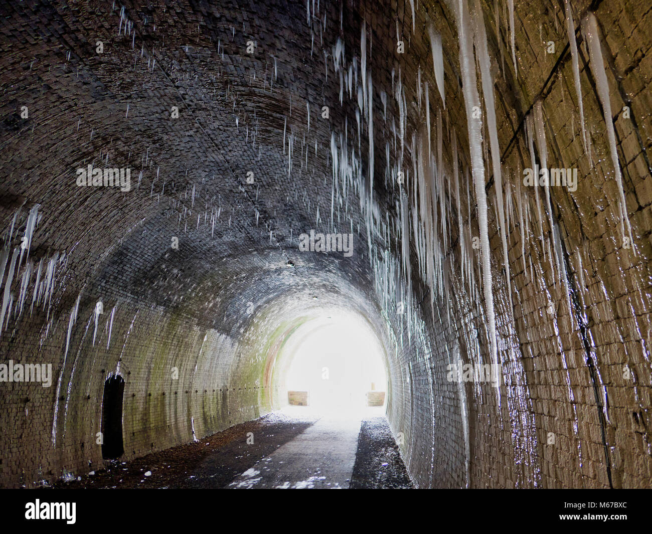 Nationalpark Peak District, Derbyshire, UK. 1. März, 2018. UK Wetter: Kalt Tier aus dem Osten Bedingungen produziert sechs Meter lange Eiszapfen in der gefrorenen Ashbourne Tunnel auf der Tissington Trail Eisenbahn Spaziergang im Nationalpark Peak District, Derbyshire, England, UK Credit: Doug Blane/Alamy leben Nachrichten Stockfoto