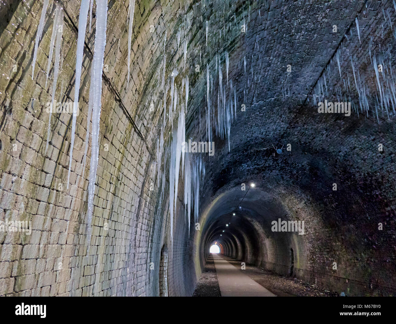 Nationalpark Peak District, Derbyshire, UK. 1. März, 2018. UK Wetter: Kalt Tier aus dem Osten Bedingungen produziert sechs Meter lange Eiszapfen in der gefrorenen Ashbourne Tunnel auf der Tissington Trail Eisenbahn Spaziergang im Nationalpark Peak District, Derbyshire, England, UK Credit: Doug Blane/Alamy leben Nachrichten Stockfoto