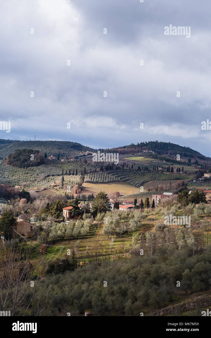 Die malerische Landschaft im Winter in der Toskana, Italien, während einer Reise von Rom nach Mailand Stockfoto