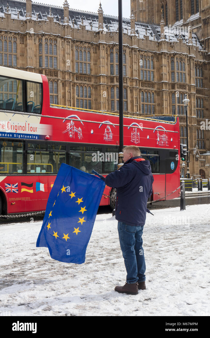 London, UK, 28. Februar 2018; Anti-Brexit Mitkämpfer Wave Europäische Flaggen außerhalb des Parlaments Stockfoto