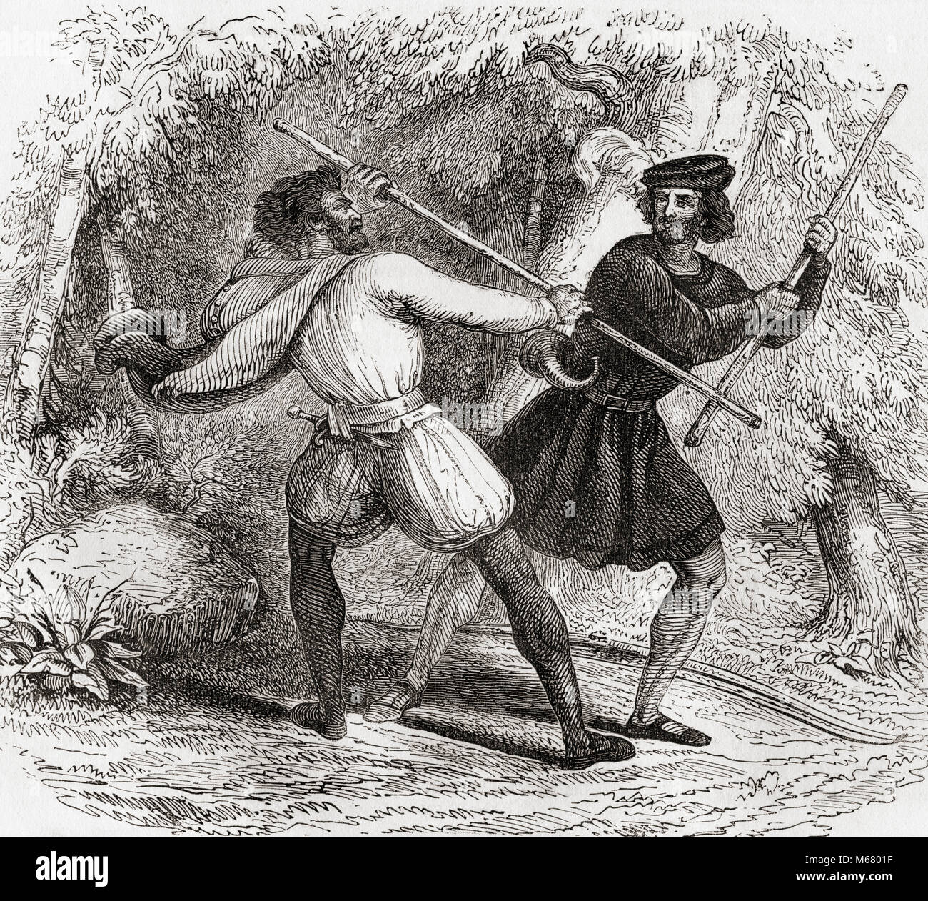 Quarterstaff kämpfen. Aus Old England: eine bildliche Museum, veröffentlicht 1847. Stockfoto