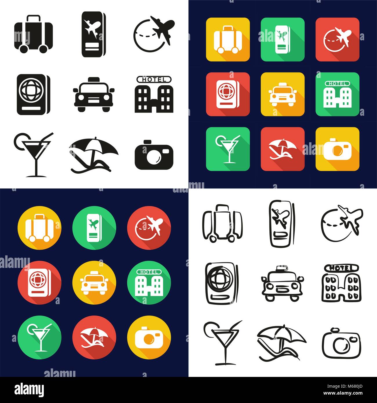Reisen All in One Symbole Schwarzweiß Farbe flaches Design Freehand eingestellt Stock Vektor