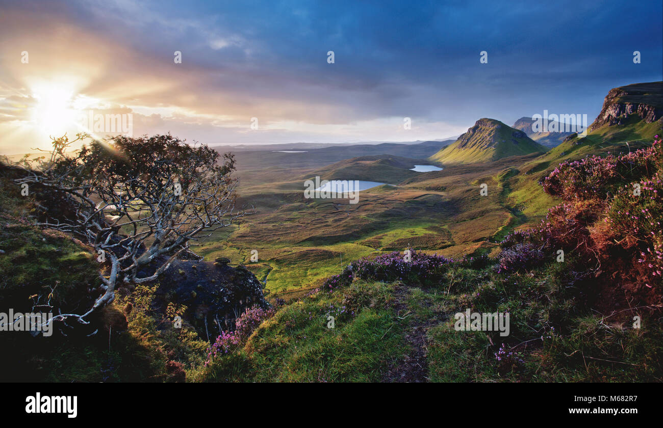 Sonnenaufgang am Quiraing auf der Insel Skye, Schottland Stockfoto