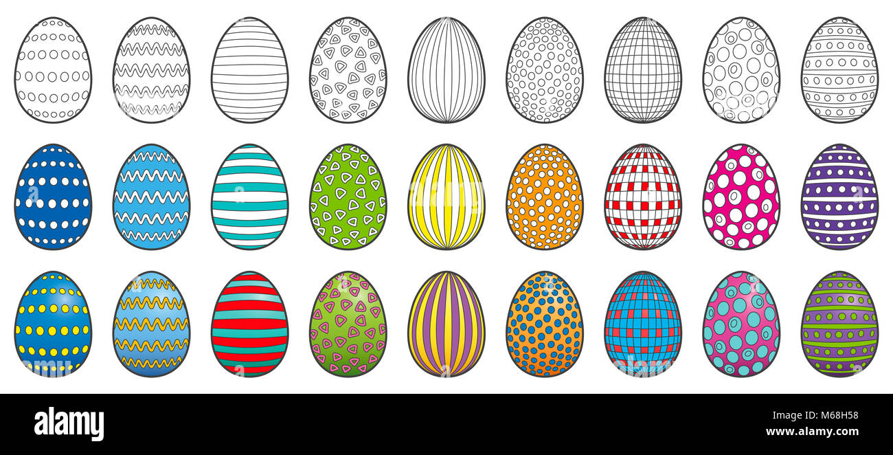 Ostern färben Bild - Verschiedene Stufen der neun Ostereier mit verschiedenen Mustern - Abbildung auf weißem Hintergrund. Stockfoto