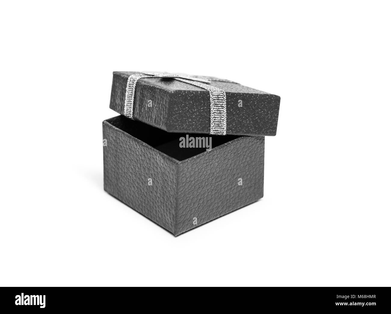 Öffnen Farbe: Schwarz Geschenkbox mit silber Farbband Stockfoto