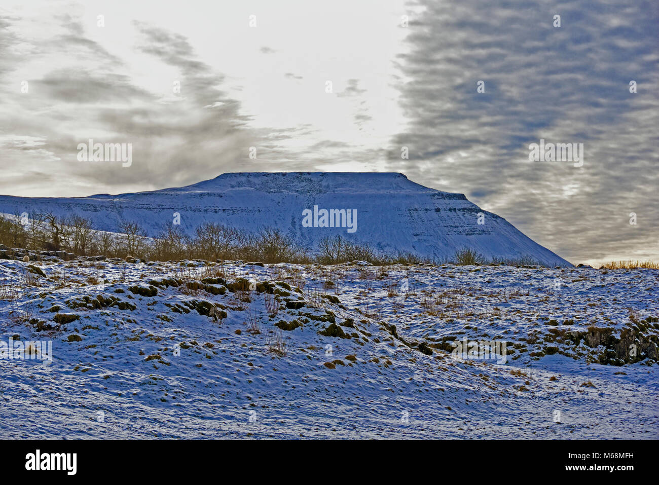 Ingleborough im Winter Schnee von ribblehead gesehen. Yorkshire Dales National Park, Yorkshire, England, Vereinigtes Königreich, Europa. Stockfoto