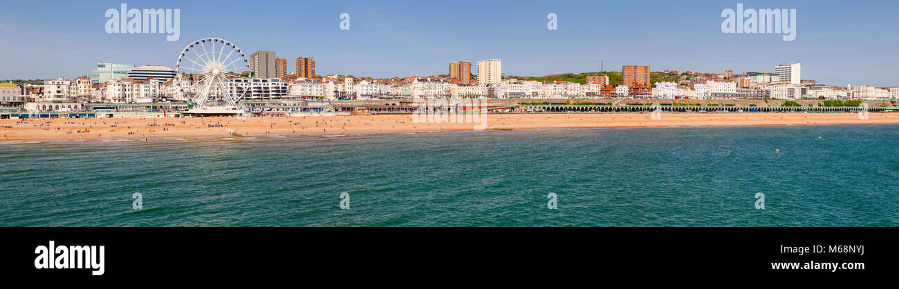 Brighton Strand Panorama mit dem Riesenrad Promenade und Sandstrand im Bild von der Palace Pier Brighton an einem sonnigen Sommertag im J Stockfoto