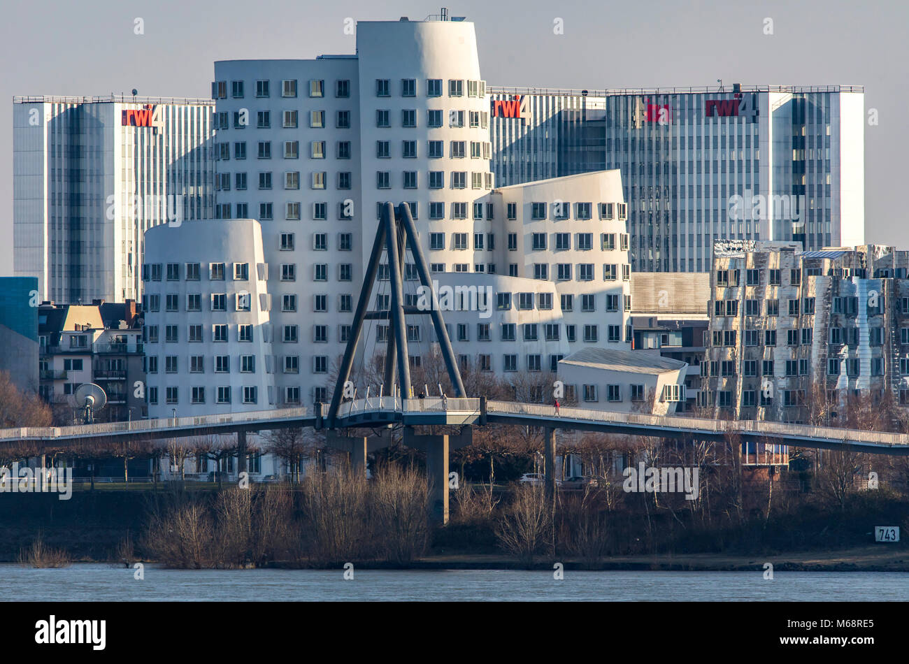 Düsseldorf, Deutschland, die Gehry-bauten, Neue Zollhof, im Medienhafen, Media port District, hinter dem RWI4 Gebäudekomplex, Rhein, Stockfoto