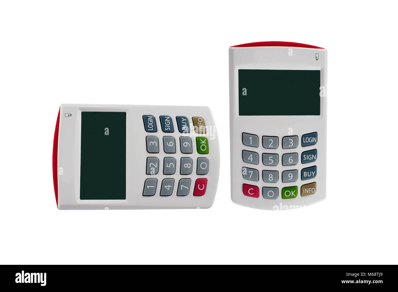 Reader Karte, Kreditkarte, elektronische Zahlungen auf weißem Hintergrund, Sicherheit und isoliert. Stockfoto