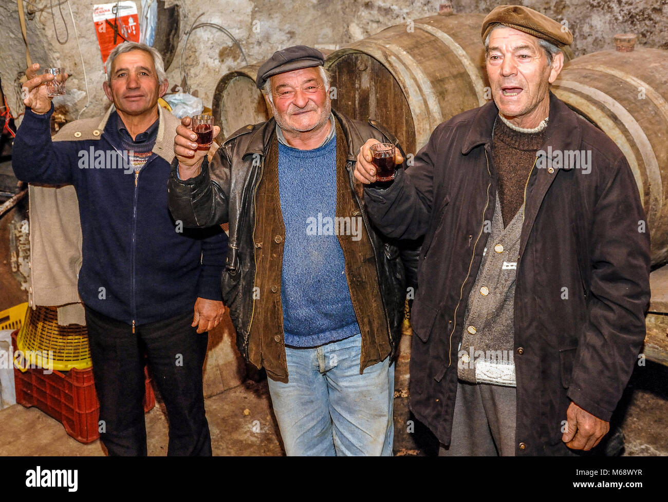 Italien Basilikata San Martino D'Agri Männer in Weingut Keller Toast mit Rotwein Stockfoto