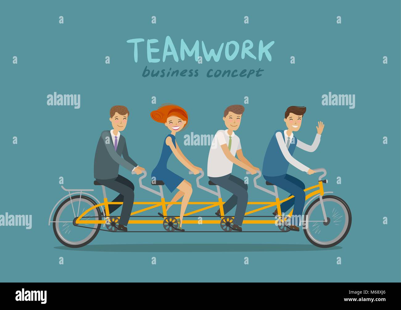 Teamarbeit, Unternehmenskonzept. Geschäftsleute, Schüler oder Studenten, Tandem Bike. Cartoon Vektor Stock Vektor