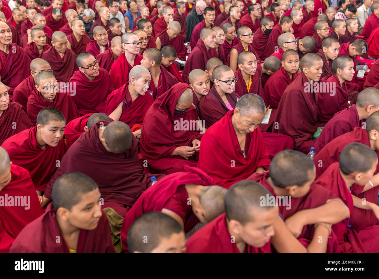 In Dharamsala, Indien - Juni 6, 2017: Die Mönche und die tibetischen Menschen hören auf Seine Heiligkeit der 14 Dalai Lama Tenzin Gyatso, Lehren in seinem Resid Stockfoto