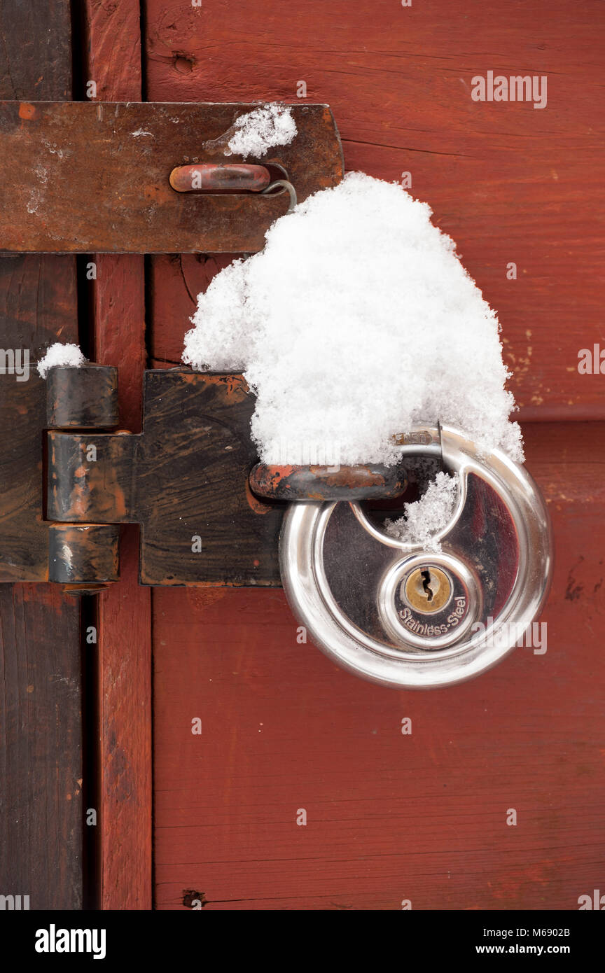 Starker Schneefall, Sub Zero Bedingungen eingefroren Schloss auf dem Gartenhaus Tür Stockfoto