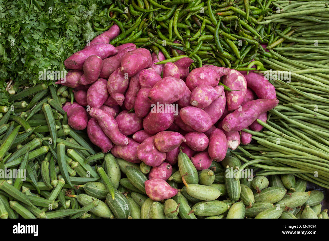 Süße Kartoffeln und frische grüne Gemüse auf einem Stand beim Markt in Indien Stockfoto