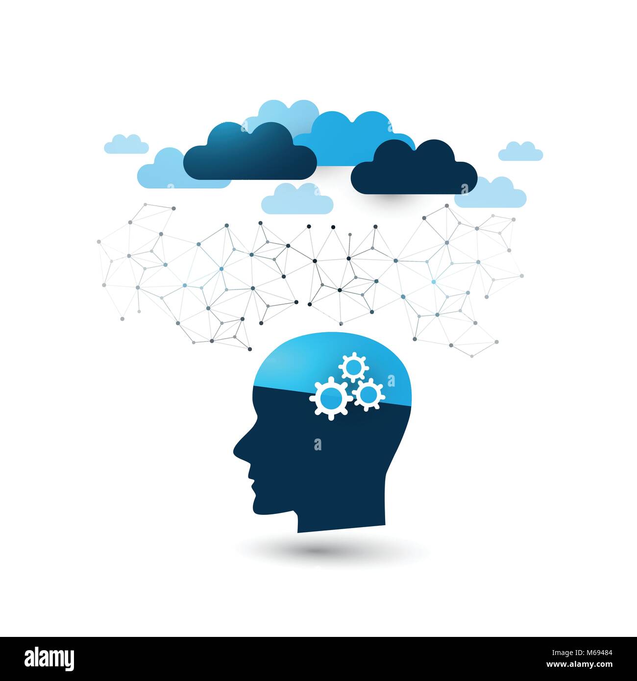 Maschinelles Lernen, Künstliche Intelligenz, Cloud Computing, Digital Support und Netzwerke Designkonzept mit Wolken und menschlichen Kopf Stock Vektor