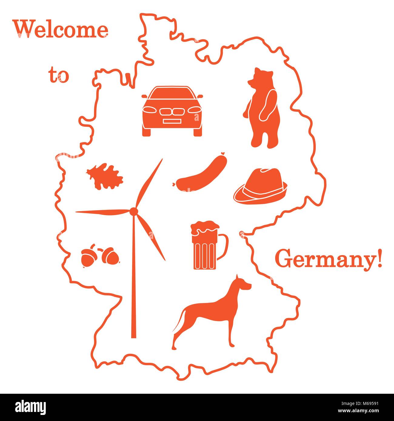 Vector Illustration mit verschiedenen Symbolen in Deutschland. Reisen und Freizeit. Design für Banner, Poster oder Drucken. Stock Vektor