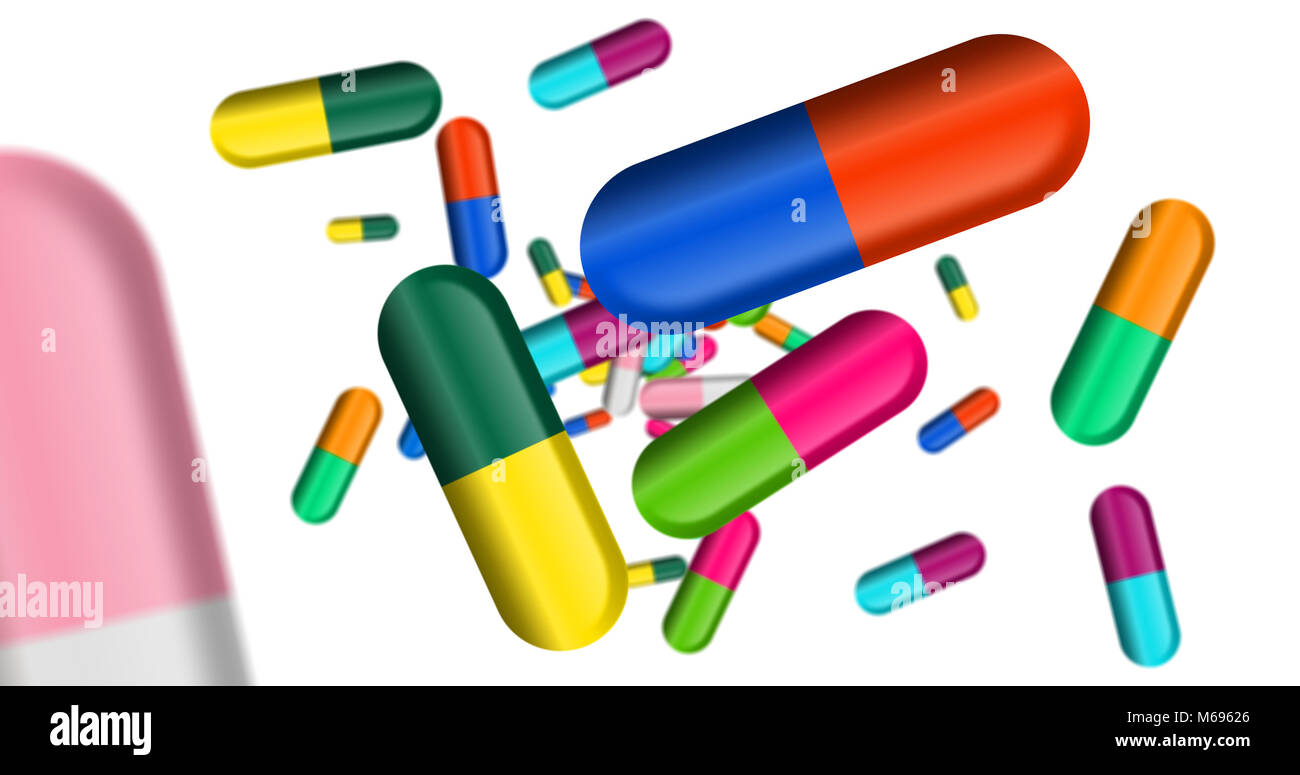 Medikamente Pillen, Tabletten und Kapseln. Konzept der Gesundheit, Heilung und Apotheke. Stockfoto