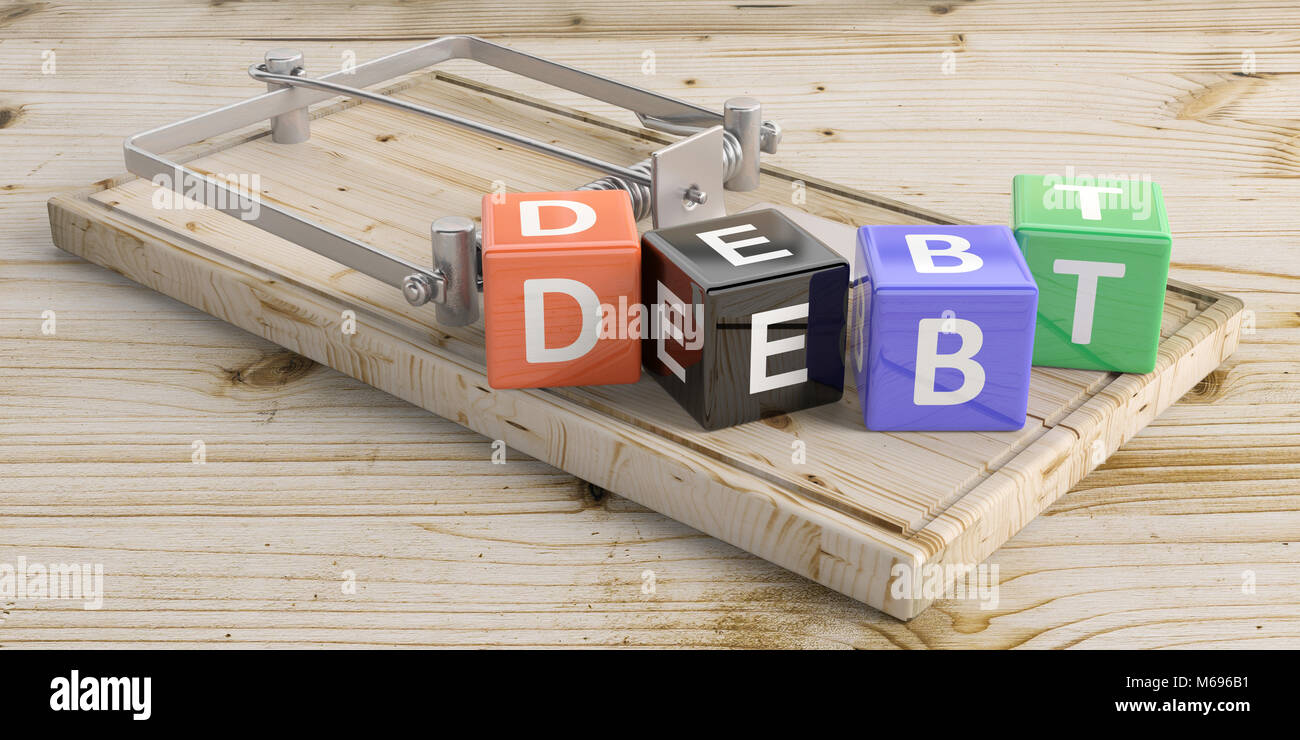 Wort schulden Buchstaben auf bunte Würfel und eine Maus trap, Holzboden Hintergrund. 3D-Darstellung Stockfoto