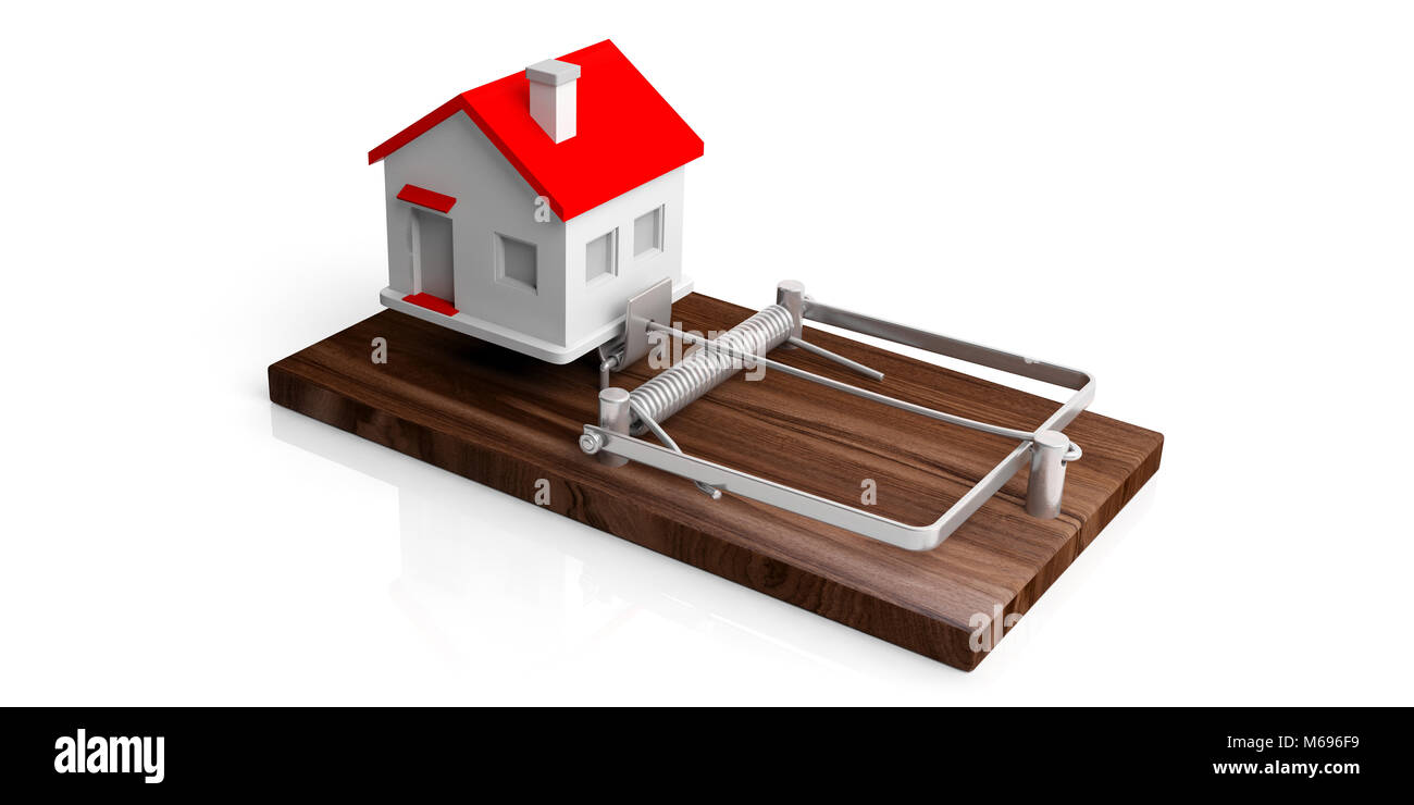 Hypothek trap. Haus auf eine Maus Trap auf weißem Hintergrund. 3D-Darstellung Stockfoto