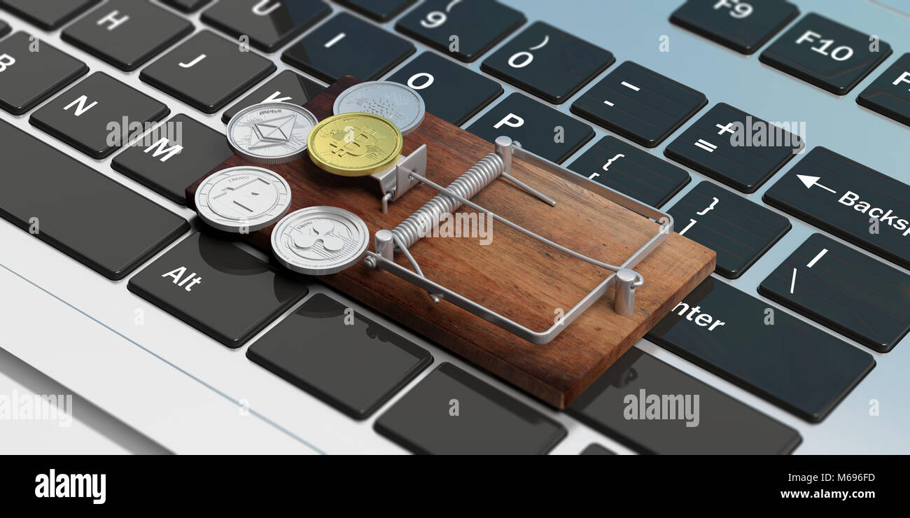 Cryprocurrency Münzen auf einer Mausefalle auf einer Computertastatur Hintergrund. 3D-Darstellung Stockfoto