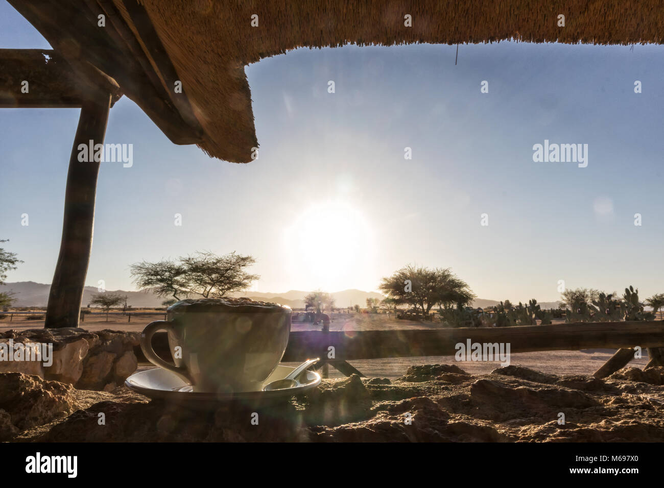 Tasse Cappuccino mit Blick auf die Namibische afrikanische Savanne. Afrika. Stockfoto