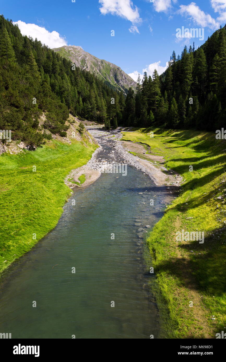 Torrente vallaccia fließt in den See Lago di Livigno, Italien Stockfoto