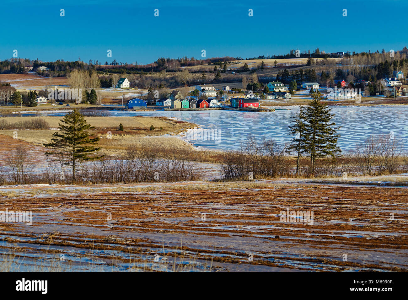 Winterlandschaft in French River, Prince Edward Island. Stockfoto
