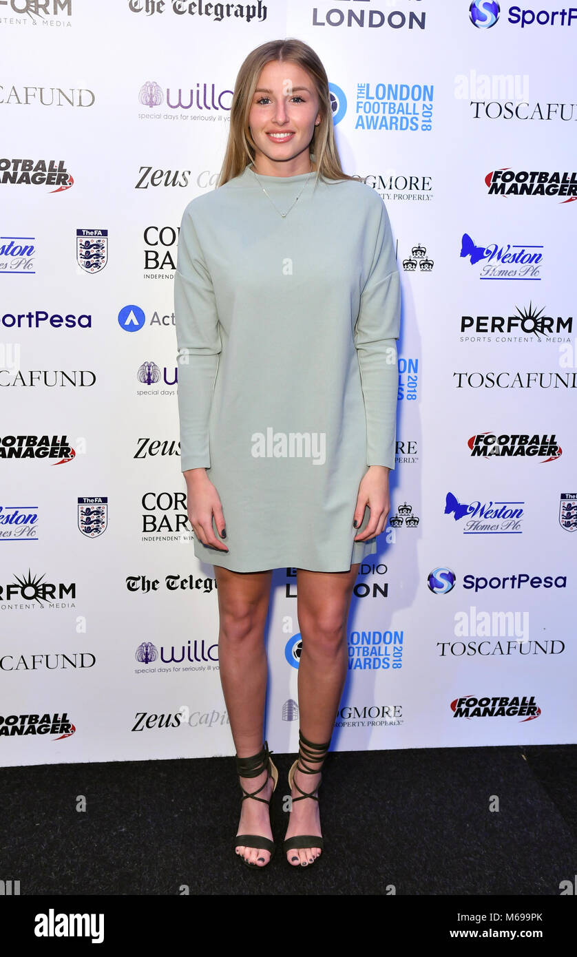 Leah Williamson kommt zu den London Football Awards 2018 bei Battersea Evolution, London. Stockfoto