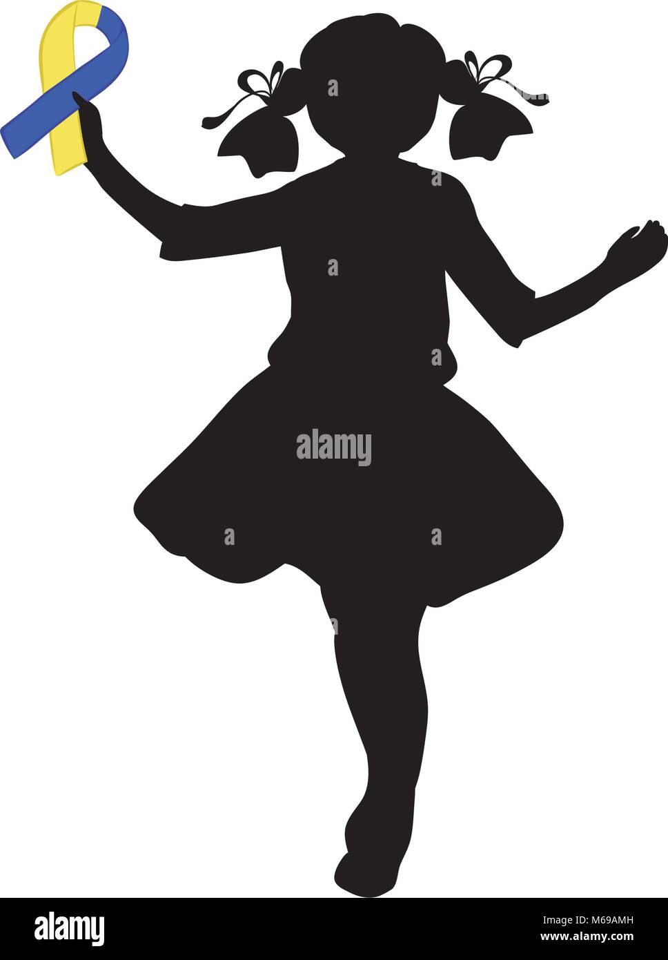 Silhouette Mädchen mit gelben Blue Ribbon. Welt Down-syndrom Tag Stock Vektor