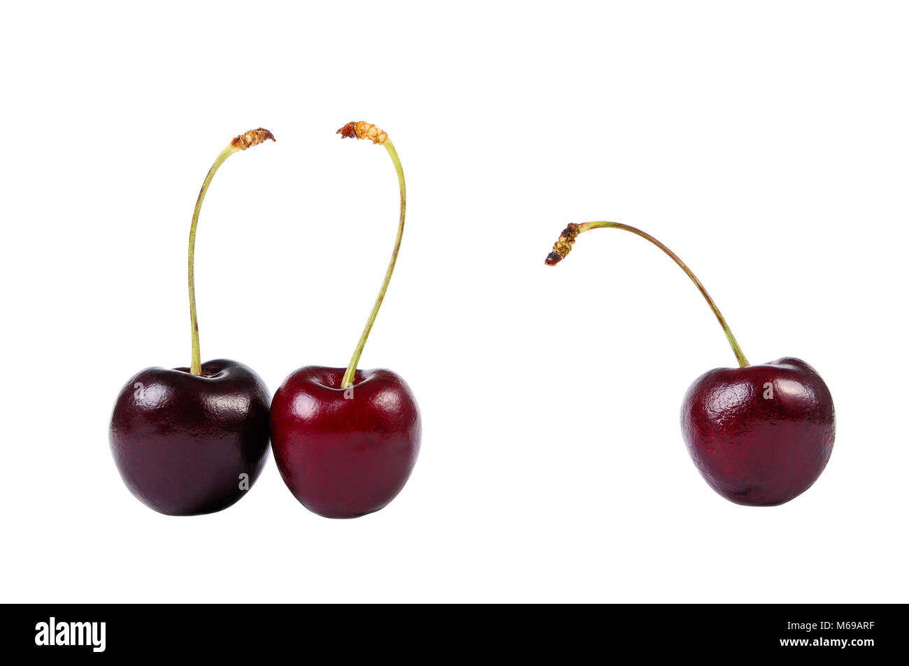 Drei süsse Kirschen isoliert auf weißem Stockfoto