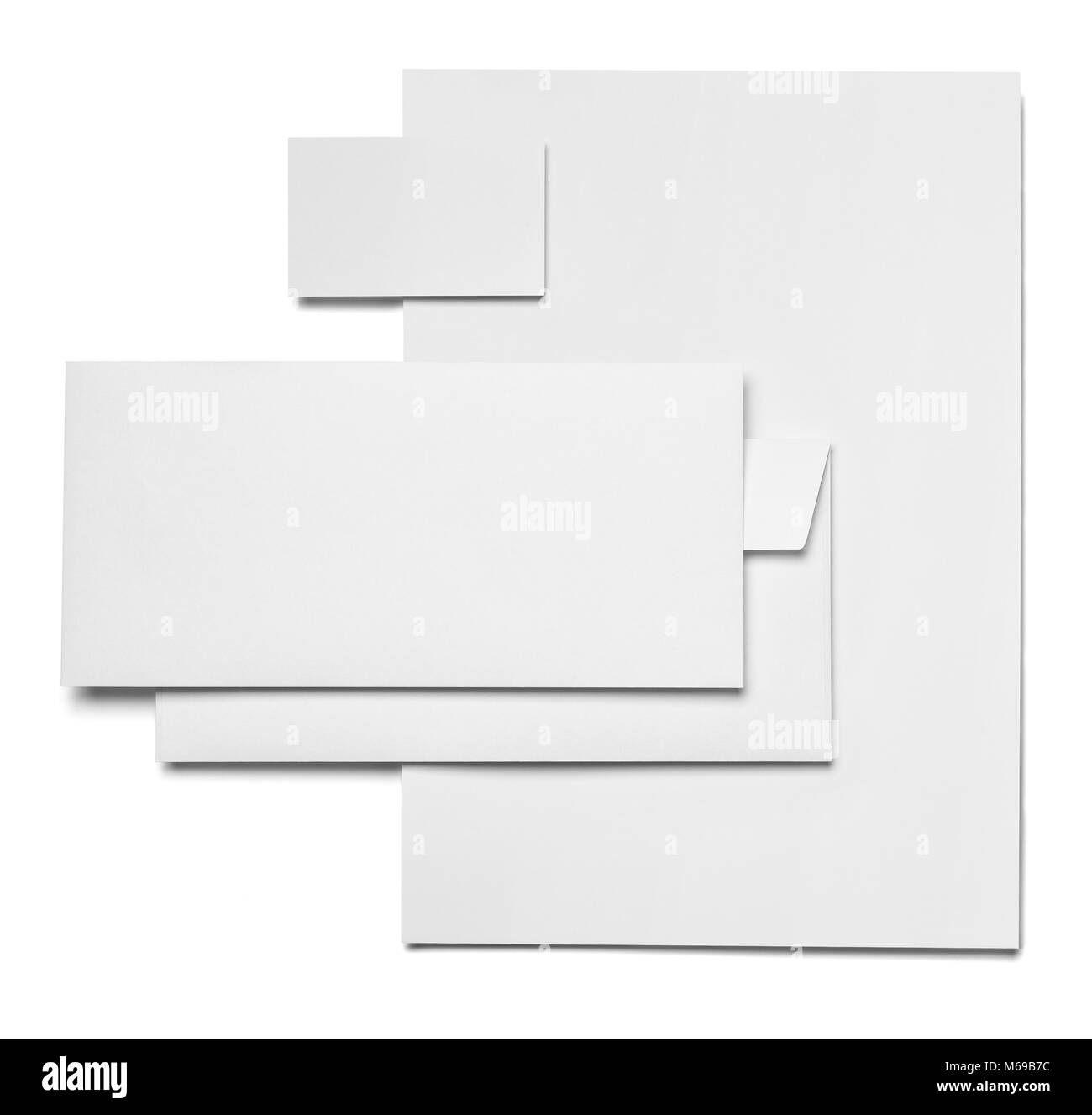 Briefumschlag, Papier und Business card Template auf weißem Hintergrund Stockfoto