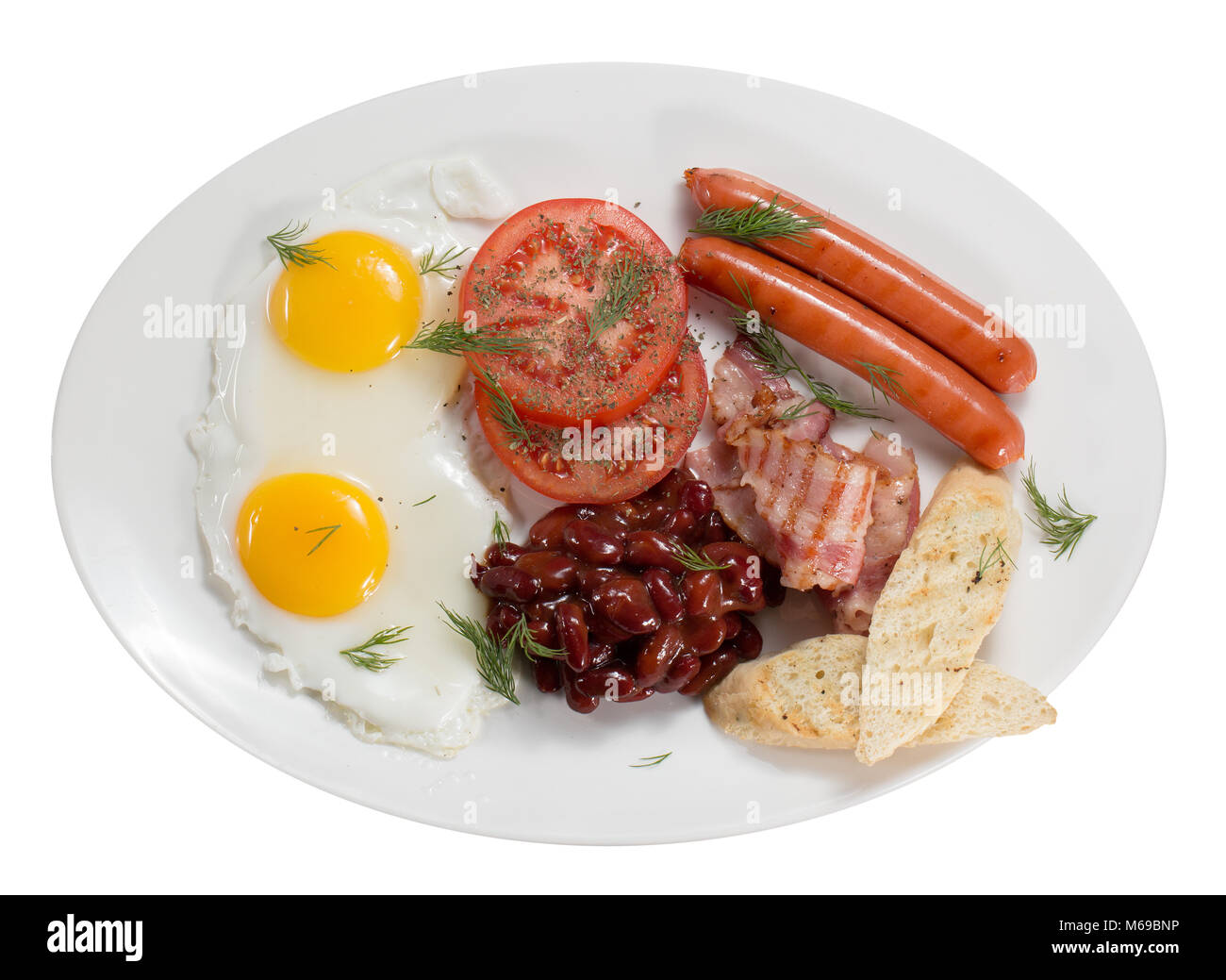 Englisches Frühstück mit Eiern, Bohnen, Speck und Würstchen. Stockfoto