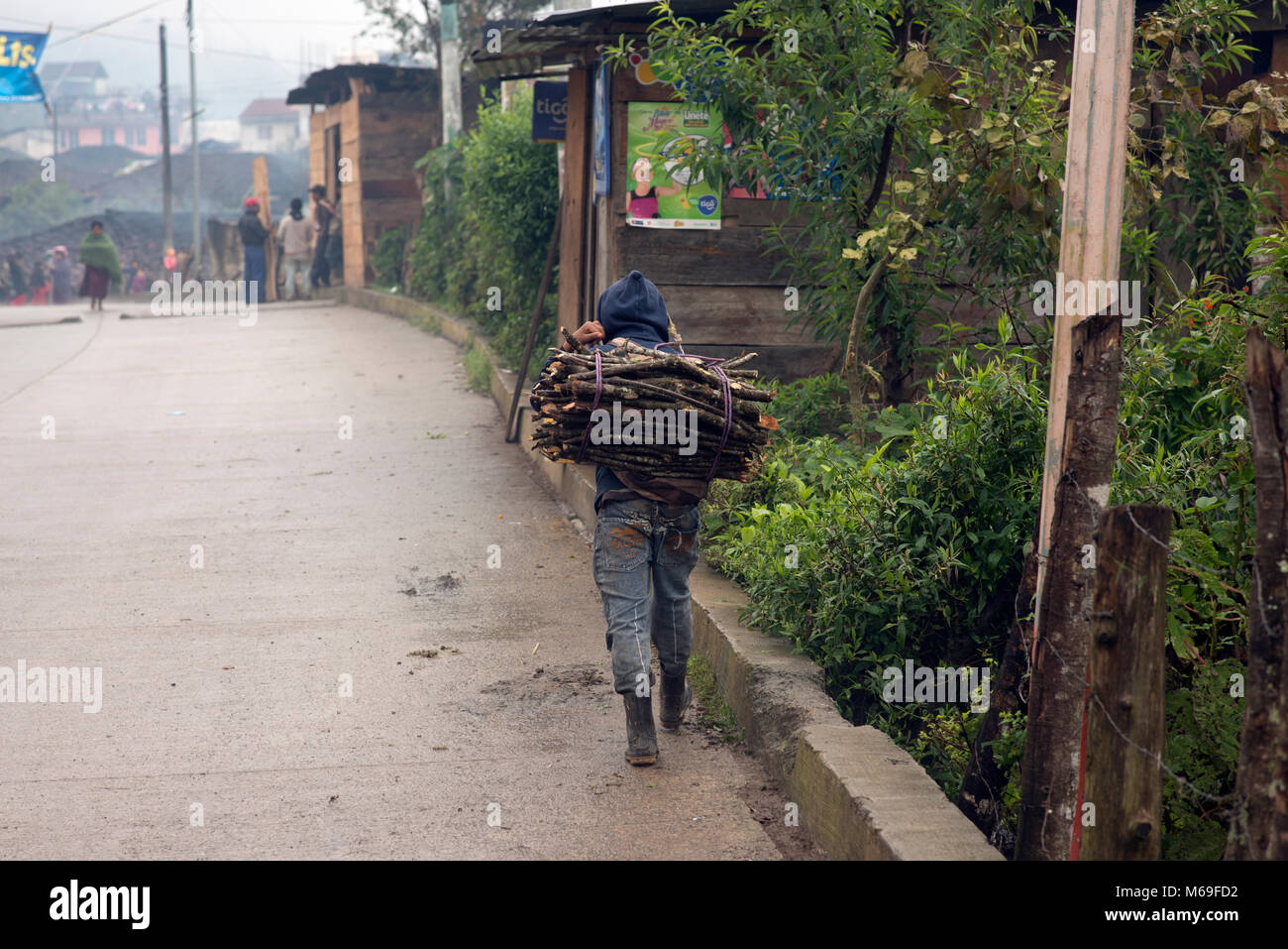 Eine starke, junge, ethnische, indigenen Ixil Maya junge Brennholz trägt auf seinem Rücken in der Straße in San Gaspar Chajul, Ixil Dreieck, Guatemala. Stockfoto