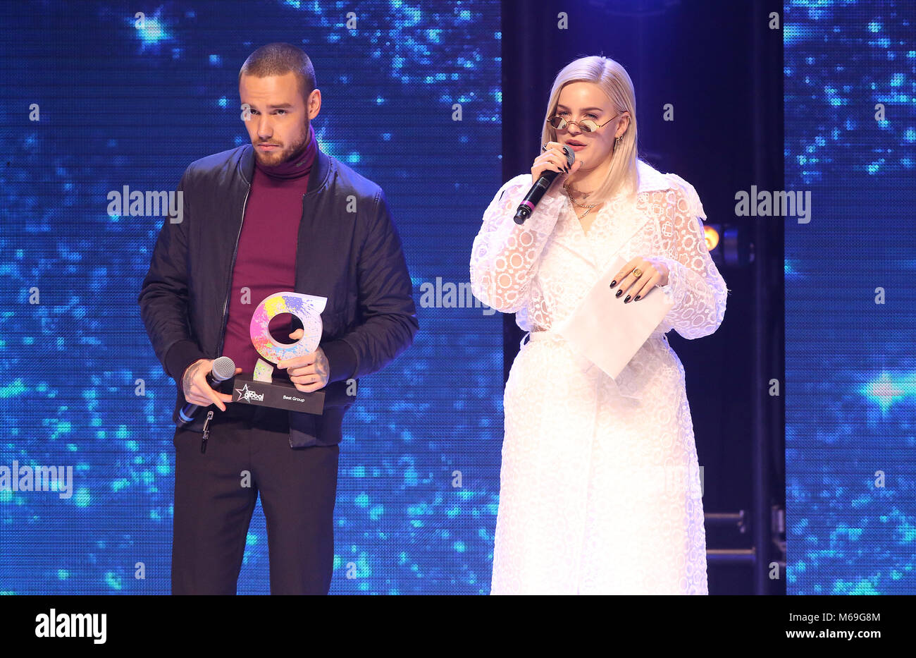 Liam Payne und Anne-Marie auf der Bühne während der Global Awards, ein brandneues Auszeichnungen zeigen bewirtet durch Globale, Medien & Entertainment Group, in der Londoner Eventim Apollo Hammersmith. Stockfoto