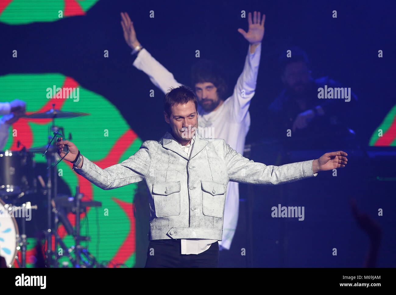 Tom Meighan und Sergio Pizzorno von Kasabian auf der Bühne während der Global Awards, ein brandneues Auszeichnungen zeigen bewirtet durch Globale, Medien & Entertainment Group, in der Londoner Eventim Apollo Hammersmith. Stockfoto