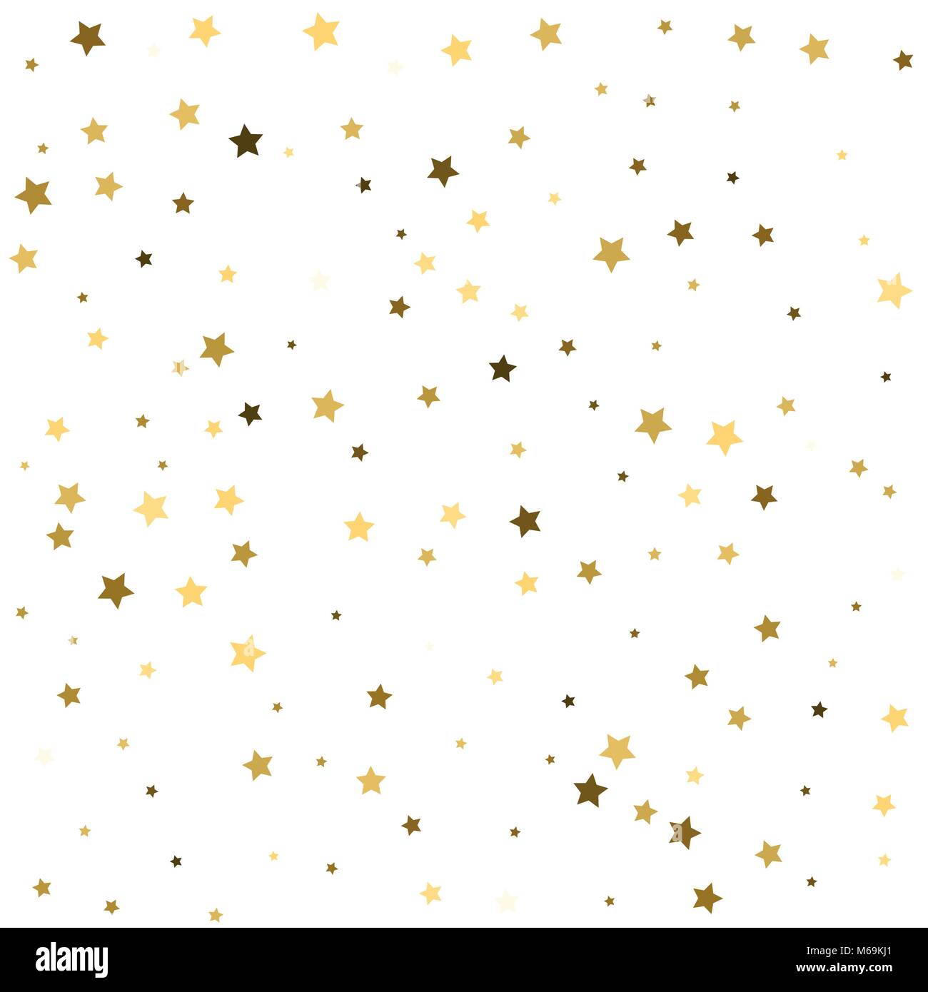 Abstrakte Muster von Random fallenden goldenen Sternen auf weißem Hintergrund. Glitter Muster für Banner, Grußkarten, Einladungen, Postkarten, Verpackungen aus Papier. V Stock Vektor