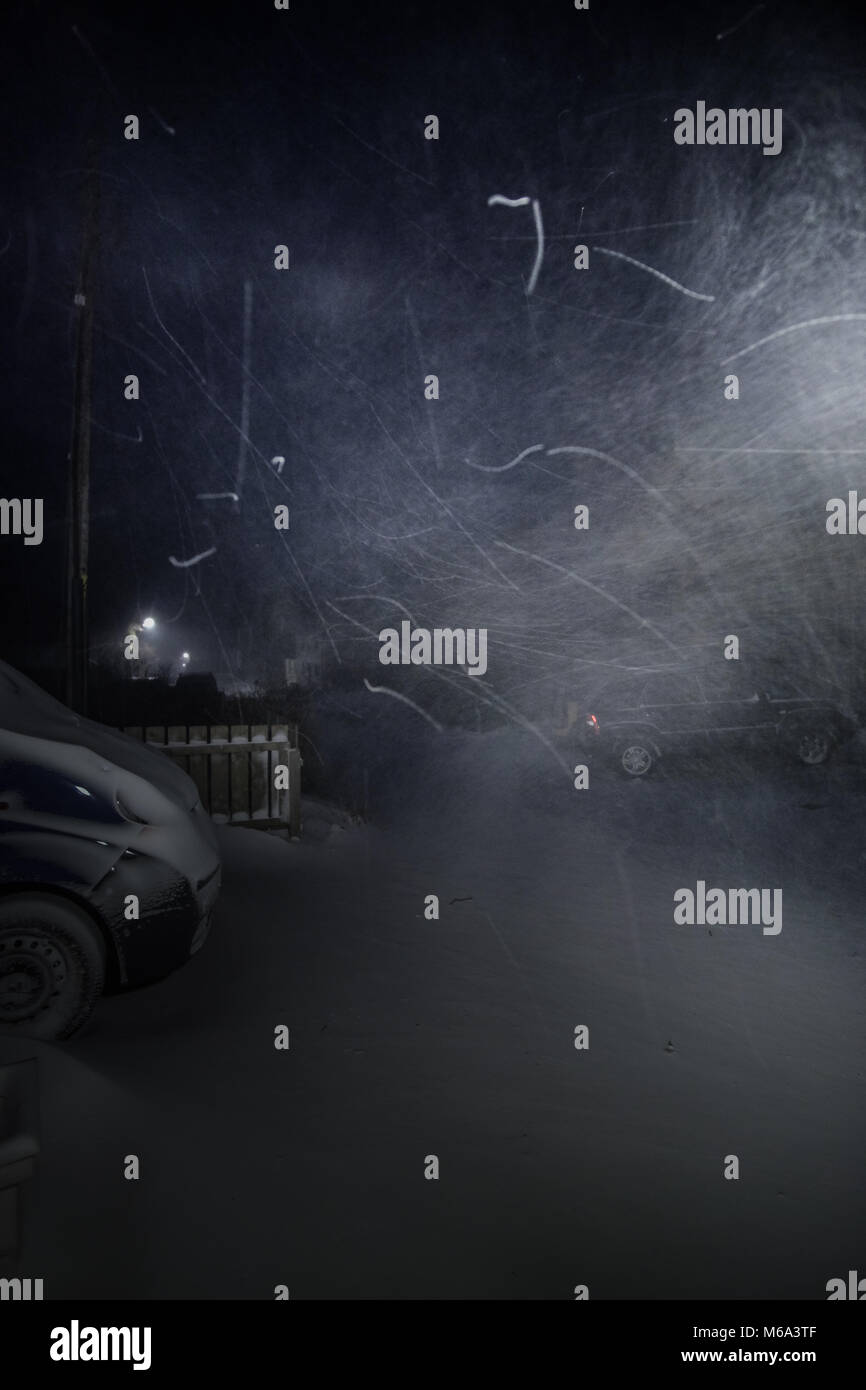 Bont Goch Aberystwyth, Ceredigion West Wales, 3:30, 2. Sep 2018. Schneeflocken durchgebrannt durch Sturm Emma mit Hilfe von das Tier aus dem Osten Credit: Giles W Bennet/Alamy leben Nachrichten Stockfoto