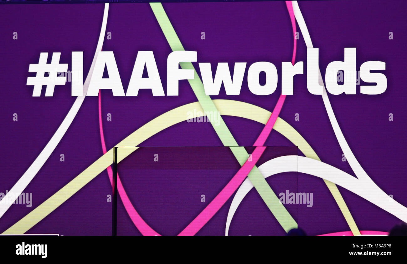 März 1, 2018 - Birmingham, Vereinigtes Königreich - Der offizielle Hashtag für IAAF Indoor Wm # IAAFworlds während der Veranstaltung gesehen. (Bild: © Welt drinnen Hochsprung--5.jpg /SOPA Bilder über ZUMA Draht) Stockfoto