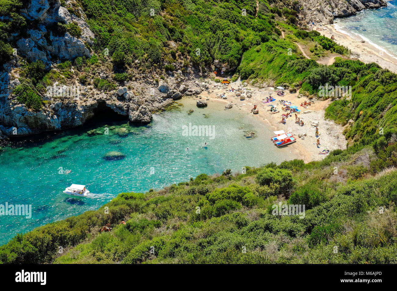 Porto Timoni, der beste Strand auf der Insel Korfu, Griechenland. Wichtige touristische Attraktion. Stockfoto