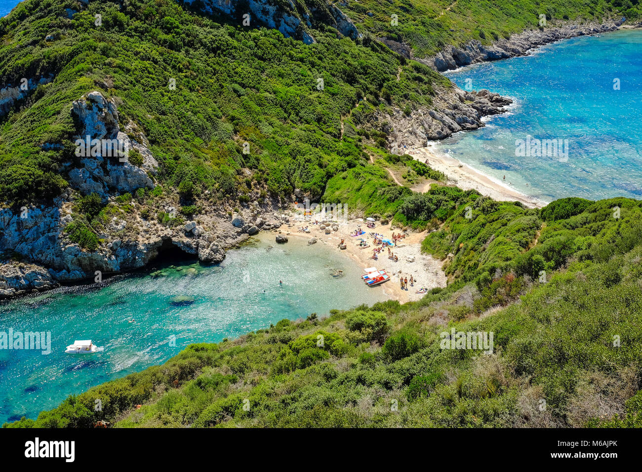 Porto Timoni, der beste Strand auf der Insel Korfu, Griechenland. Wichtige touristische Attraktion. Stockfoto