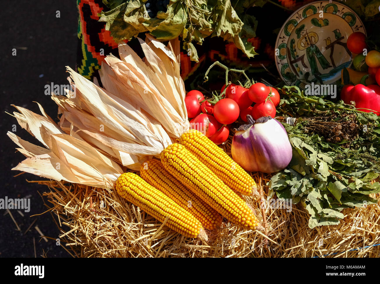 Maiskolben, dehidratated mit Tomaten und Zwiebeln, traditionelle Anordnung Stockfoto